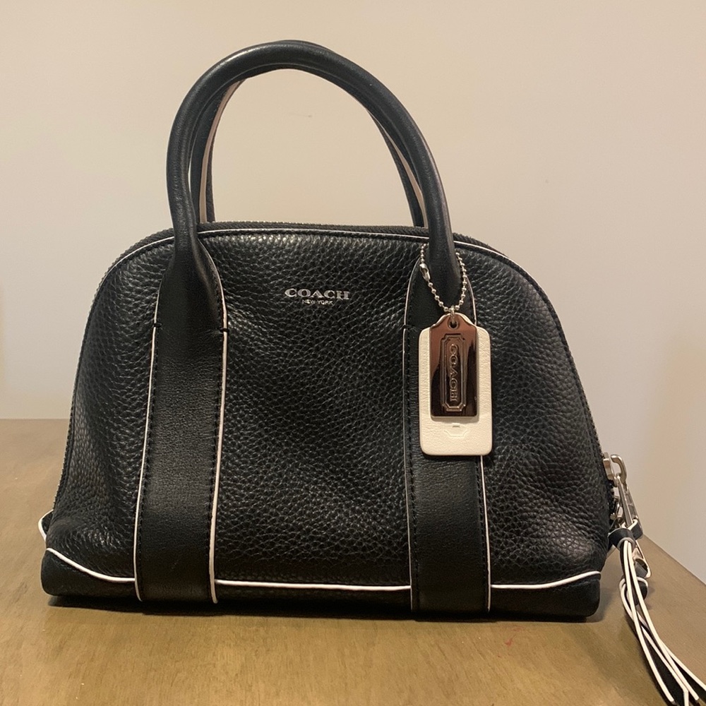 Black Leather Coach Handbag with White Piping